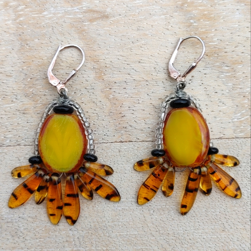 Artsy Amber and Beaded Earrings with leverback hooks (2") - Picture 2 of 9